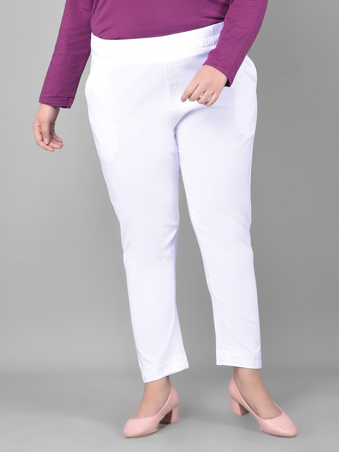 Comfort Lady Women Regular Fit White Cotton Blend Pencil Pant Plus