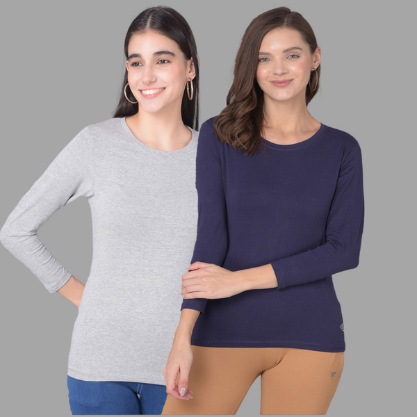 Comfort Lady Regular Fit Round Neck Plain Full Sleeve T-Shirt pack of 2
