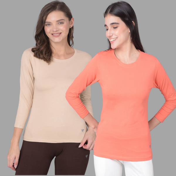 Comfort Lady Regular Fit Round Neck Plain Full Sleeve T-Shirt pack of 2