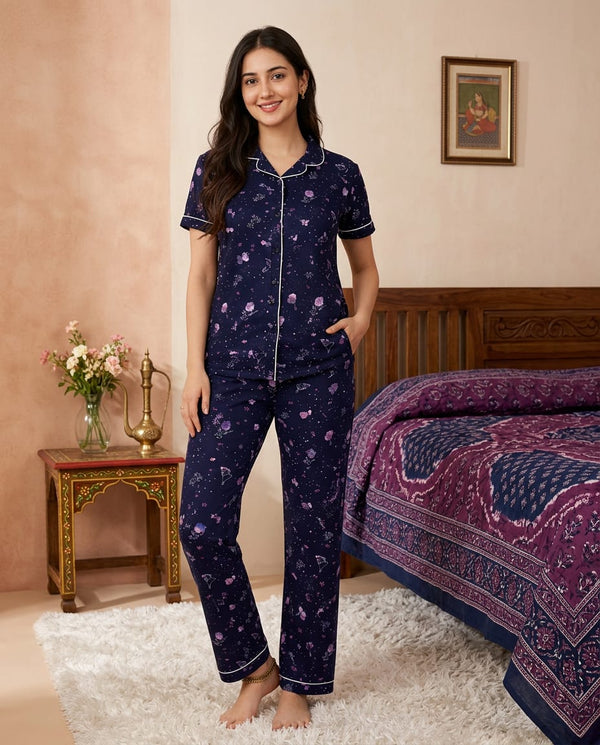 Nightsuit Collared Printed Shirt with Pyjama Pant Co-ord