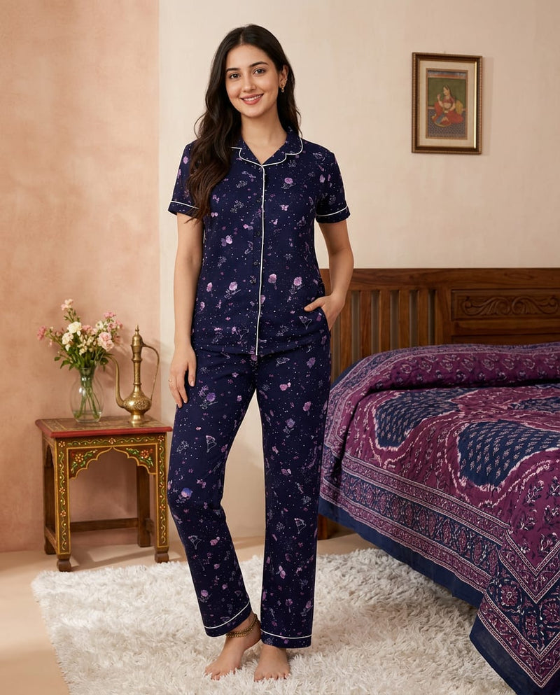 Nightsuit Collared Printed Shirt with Pyjama Pant Co-ord