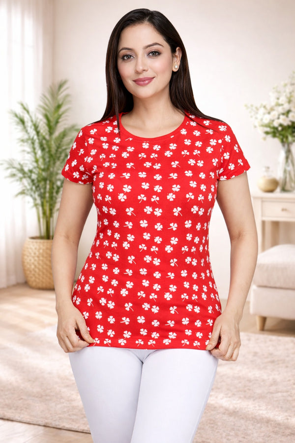 Comfort Lady All Over Printed Half Sleeve Cotton Round Neck T-Shirt