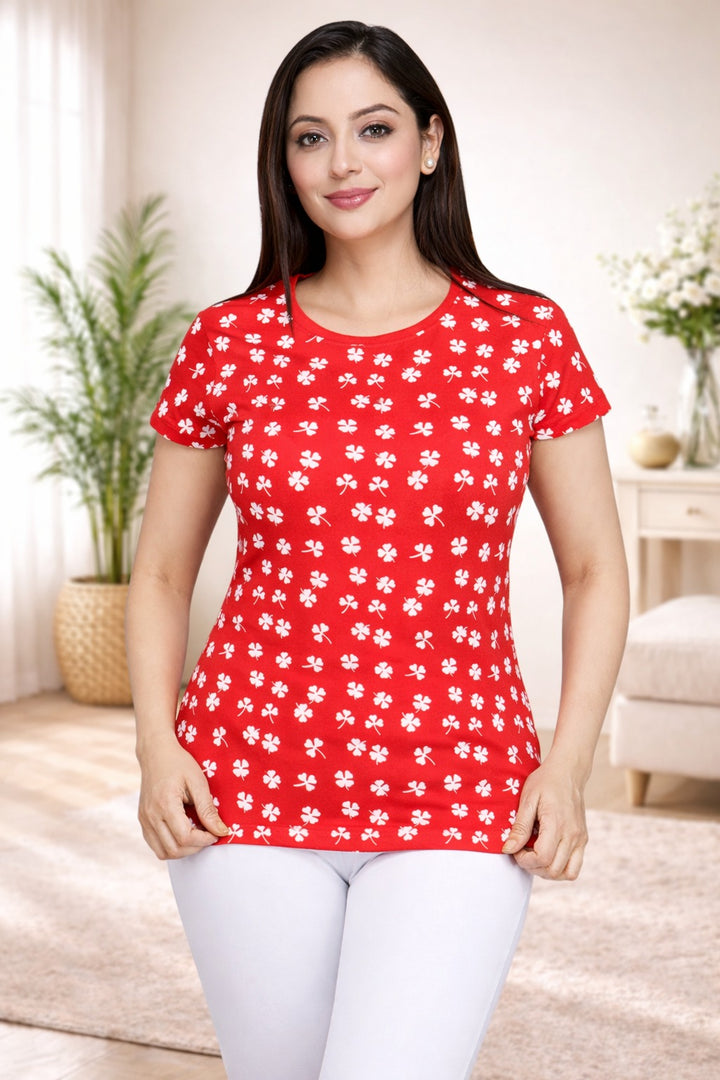 Comfort Lady All Over Printed Half Sleeve Cotton Round Neck T-Shirt