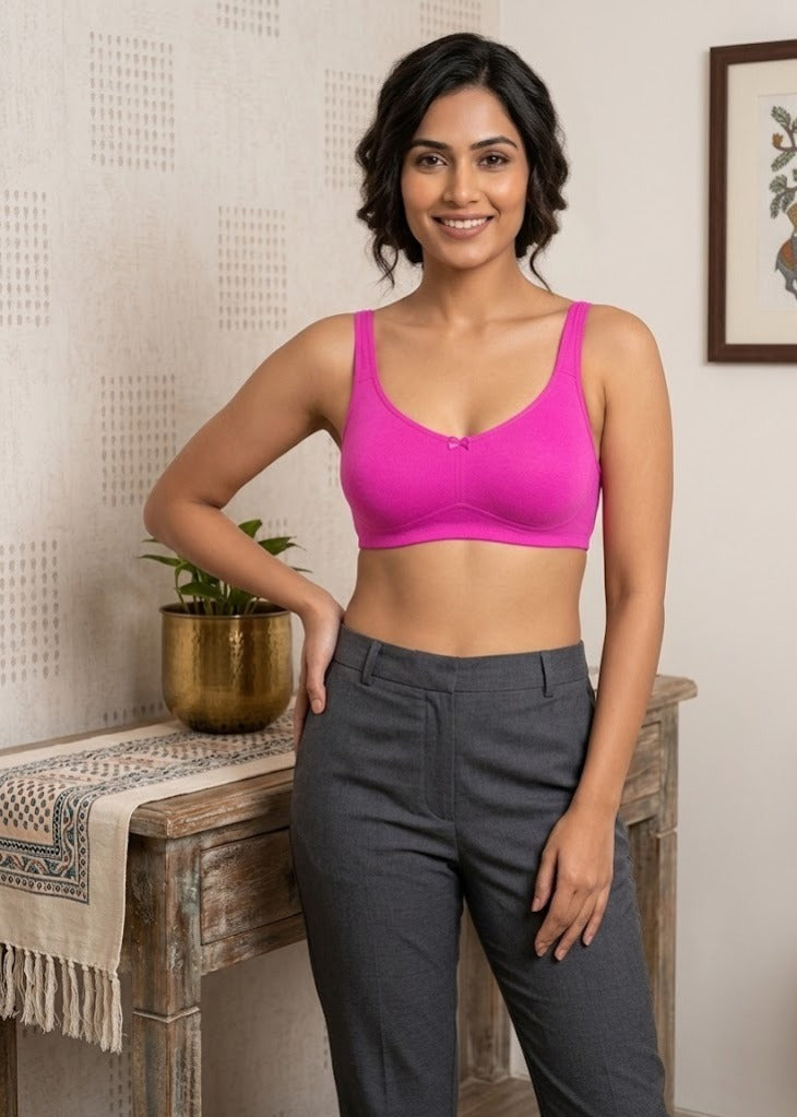 Comfort Lady Cotton Wire Free Women's Non-Padded Full Coverage Bra|Label Free All Day Comfort Bra  - FUSCHIA
