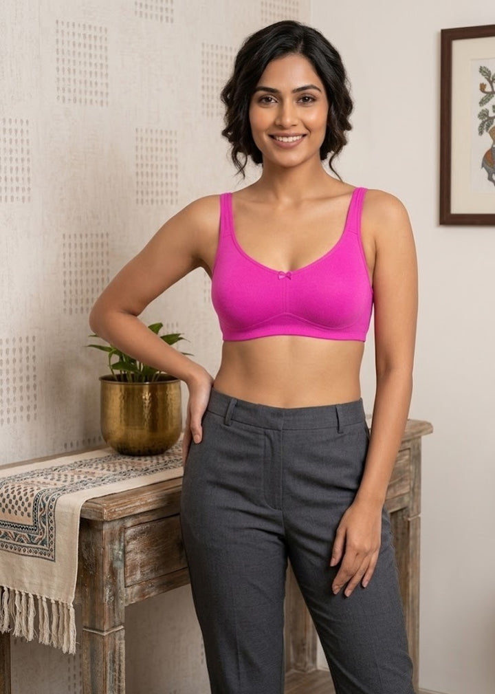 Comfort Lady Cotton Wire Free Women's Non-Padded Full Coverage Bra|Label Free All Day Comfort Bra  - FUSCHIA