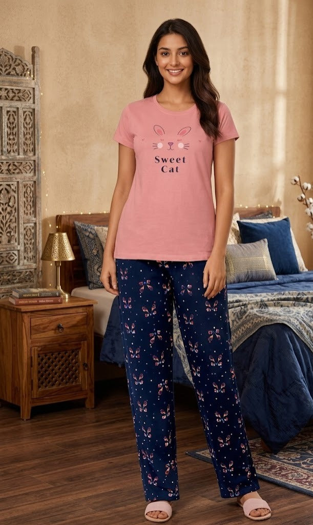 Loungewear Round Neck Printed T-Shirt with Pyjama