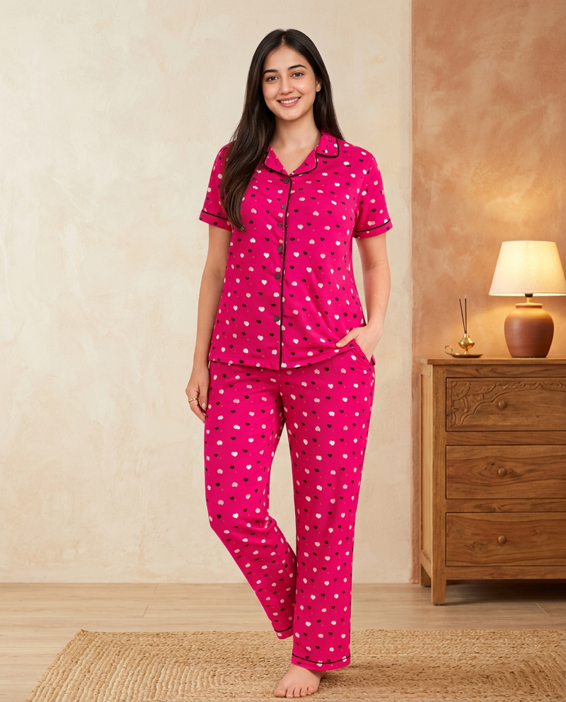 Nightsuit Collared Printed Shirt with Pyjama Pant Co-ord