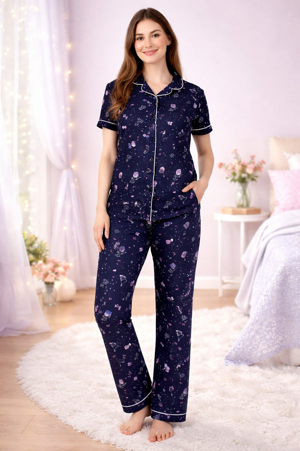 Nightwear Collared Printed Shirt with Pyjama Pant Co-ord