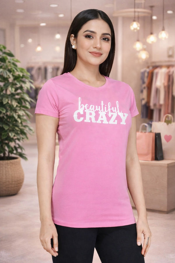 Comfort Lady Chest Print Half Sleeve Cotton Round Neck T-Shirt