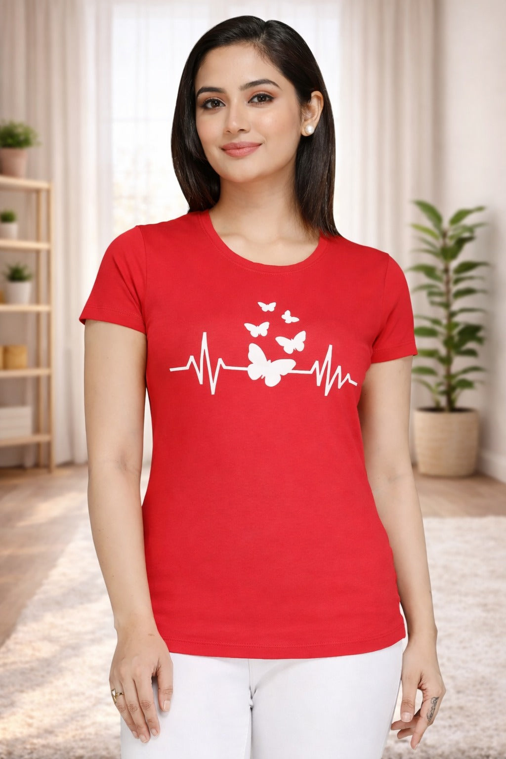 Comfort Lady Chest Print Half Sleeve Cotton Round Neck T-Shirt