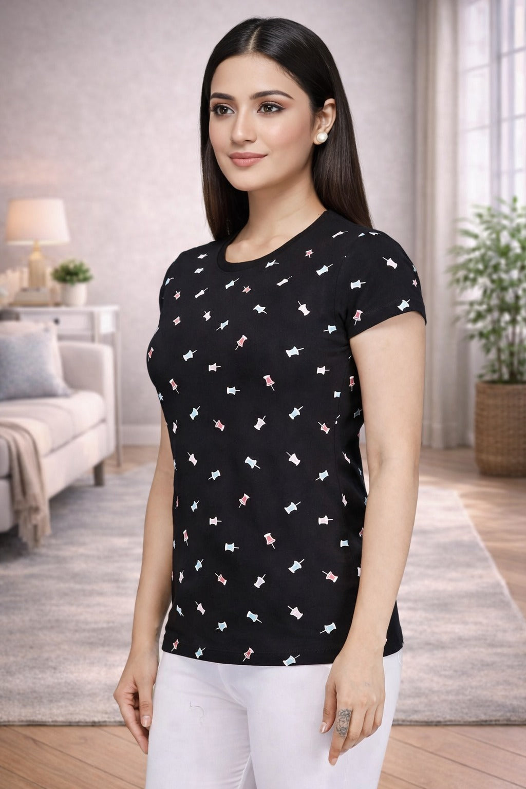 Comfort Lady All Over Printed Half Sleeve Cotton Round Neck T-Shirt