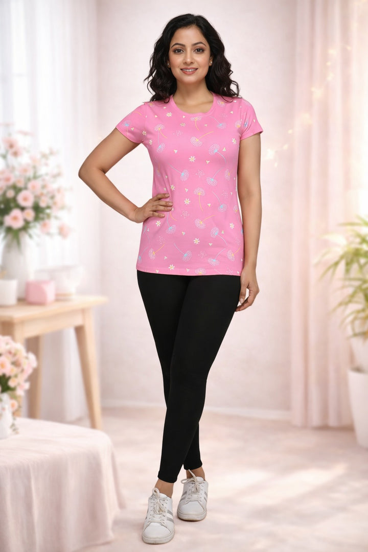 Comfort Lady All Over Printed Half Sleeve Cotton Round Neck T-Shirt