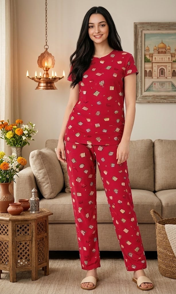 Loungewear Round Neck Printed T-Shirt with Pyjama