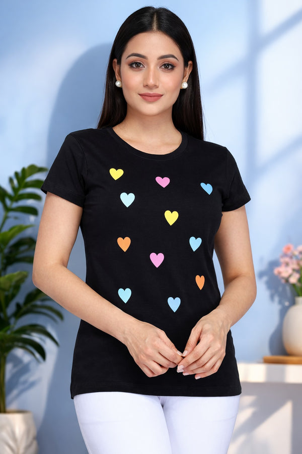 Comfort Lady Chest Print Half Sleeve Cotton Round Neck T-Shirt