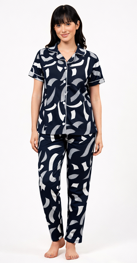 Nightwear Collared Printed Shirt with Pyjama Pant Co-ord