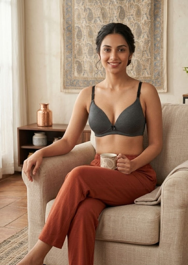 Comfort Lady Women’s Padded Wireless Cotton Bra| High Coverage All-Day Comfort - BLACK