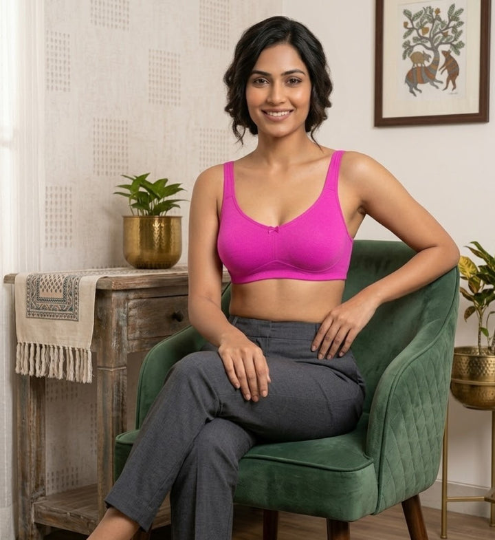 Comfort Lady Cotton Wire Free Women's Non-Padded Full Coverage Bra|Label Free All Day Comfort Bra  - FUSCHIA