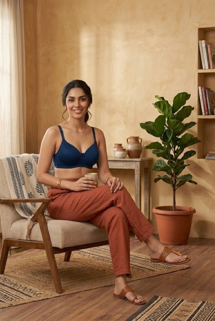 Comfort Lady Women’s Padded Wireless Cotton Bra| High Coverage All-Day Comfort - NAVY BLUE