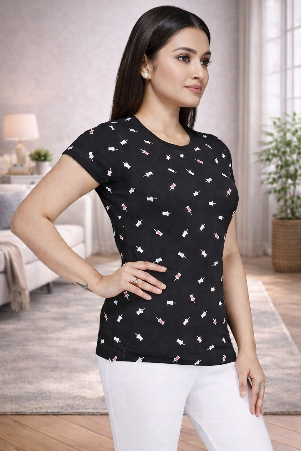 Comfort Lady All Over Printed Half Sleeve Cotton Round Neck T-Shirt