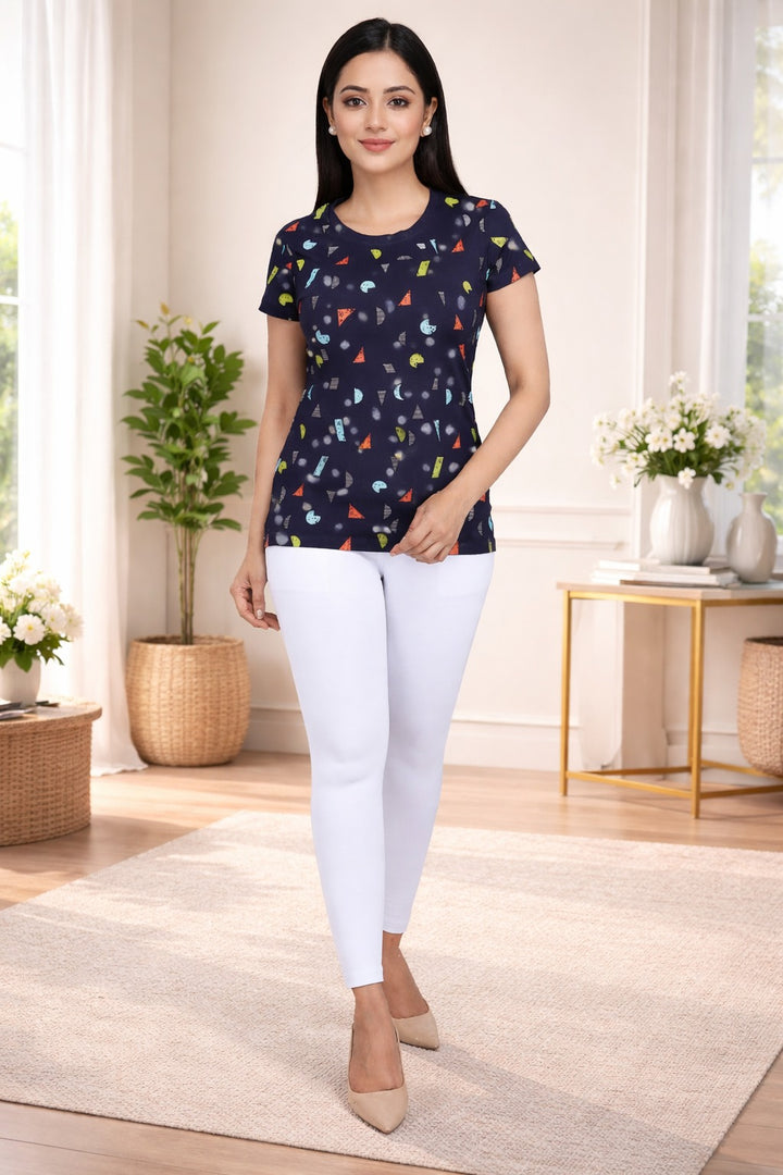 Comfort Lady All Over Printed Half Sleeve Cotton Round Neck T-Shirt