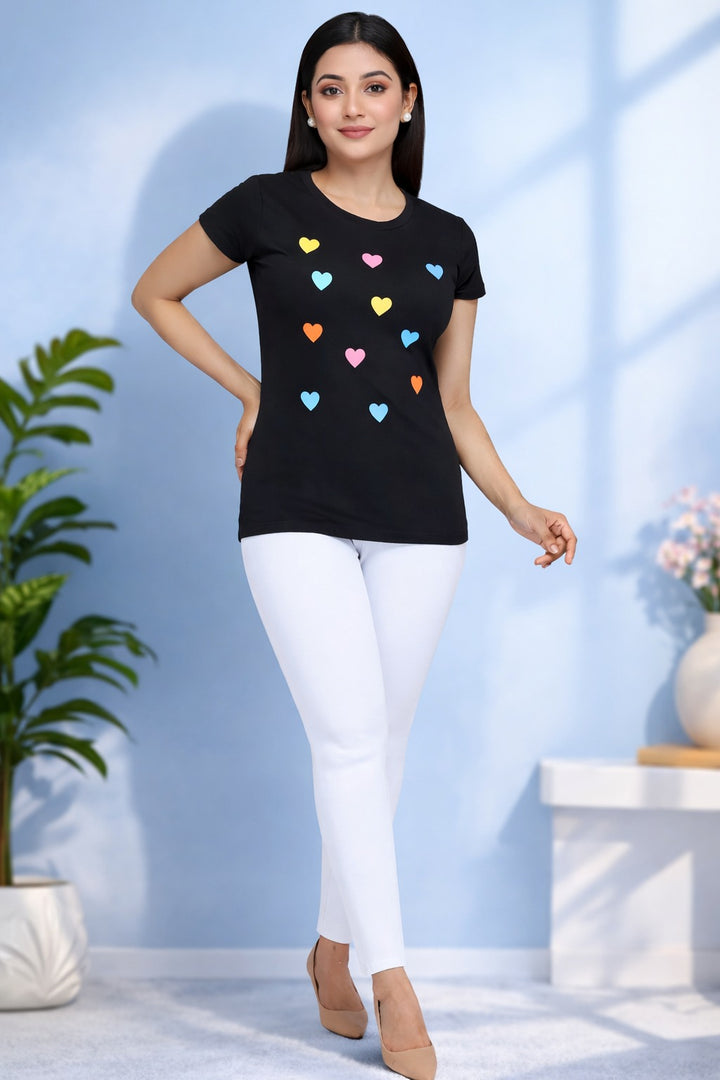 Comfort Lady Chest Print Half Sleeve Cotton Round Neck T-Shirt