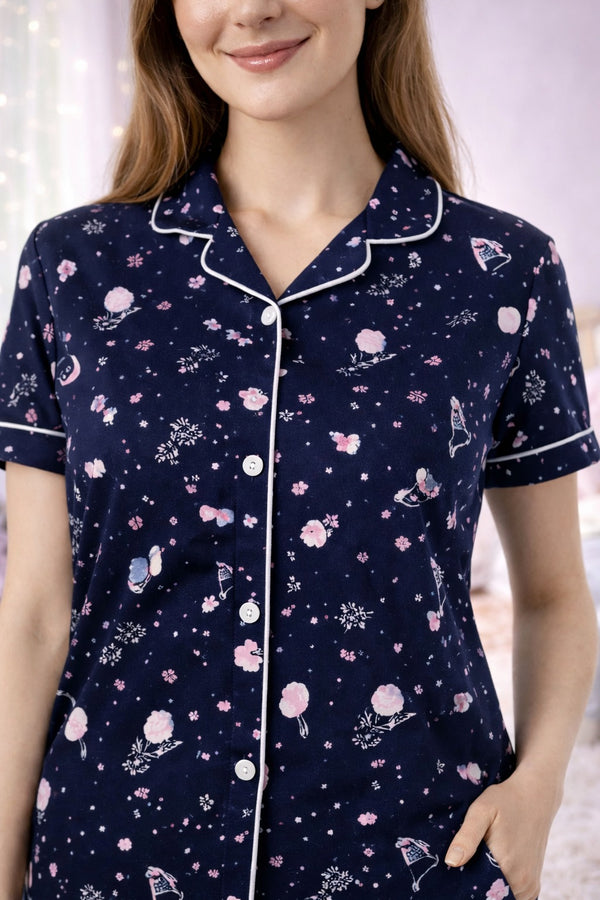 Nightwear Collared Printed Shirt with Pyjama Pant Co-ord