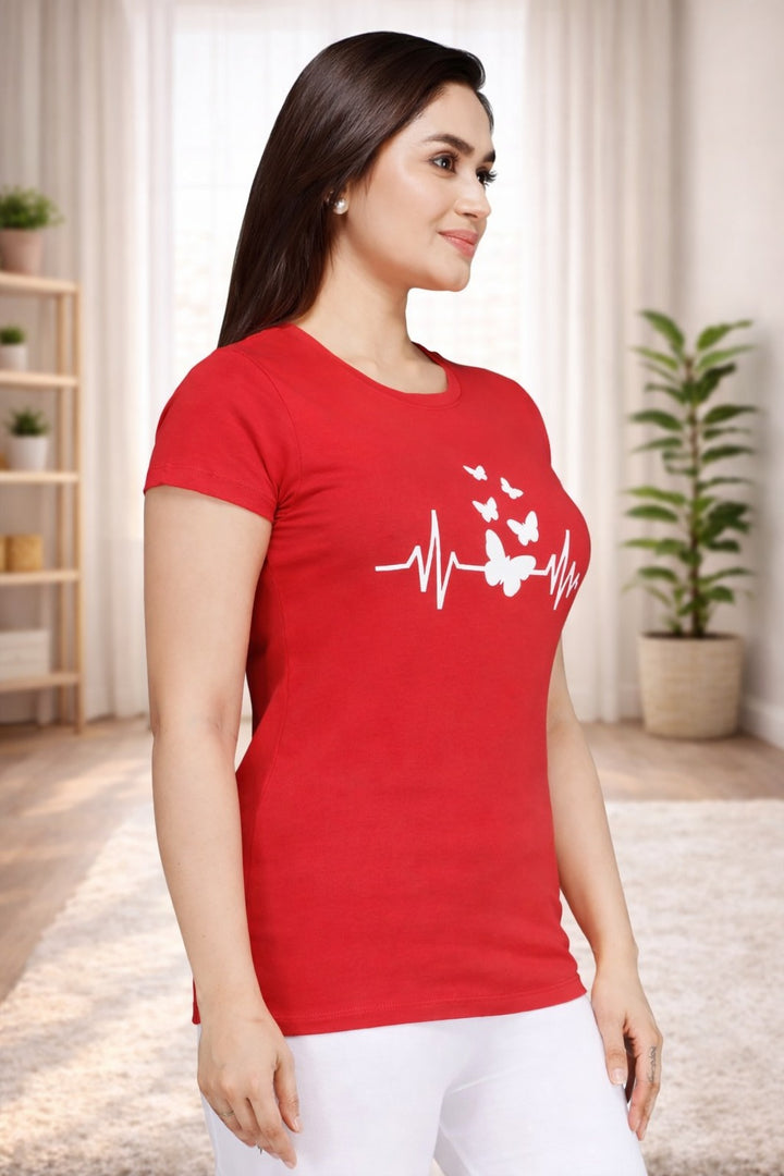 Comfort Lady Chest Print Half Sleeve Cotton Round Neck T-Shirt