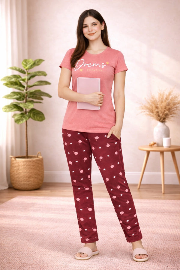 Loungewear Round Neck Printed T-Shirt with Pyjama