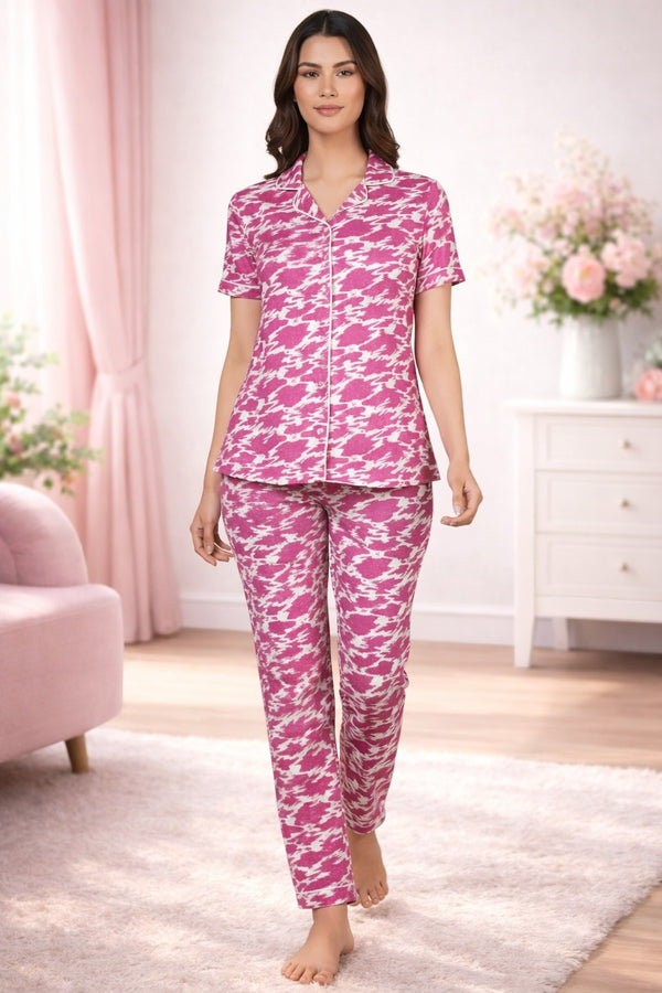 Nightwear Collared Printed Shirt with Pyjama Pant Co-ord