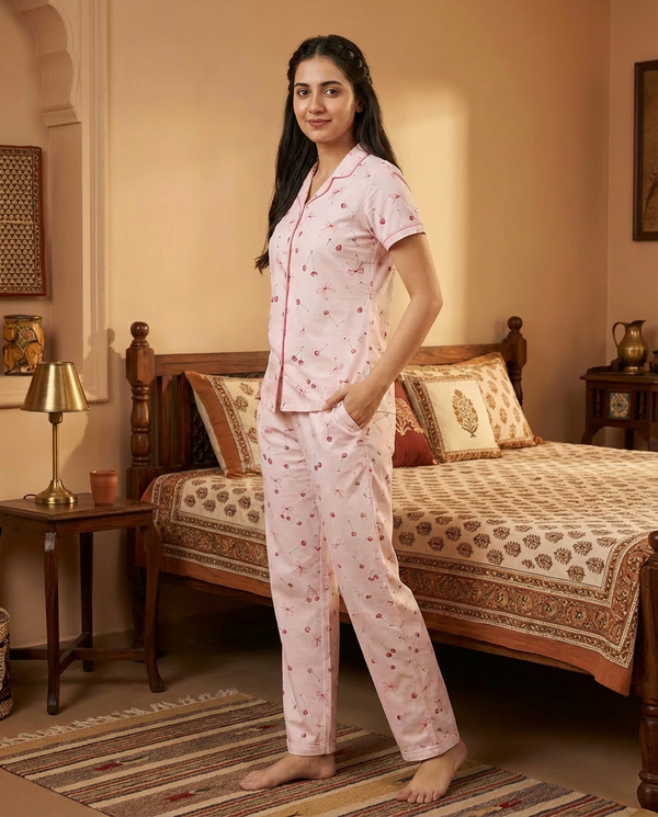 Nightsuit Collared Printed Shirt with Pyjama Pant Co-ord