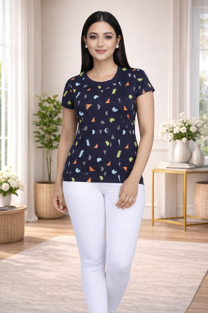 Comfort Lady All Over Printed Half Sleeve Cotton Round Neck T-Shirt