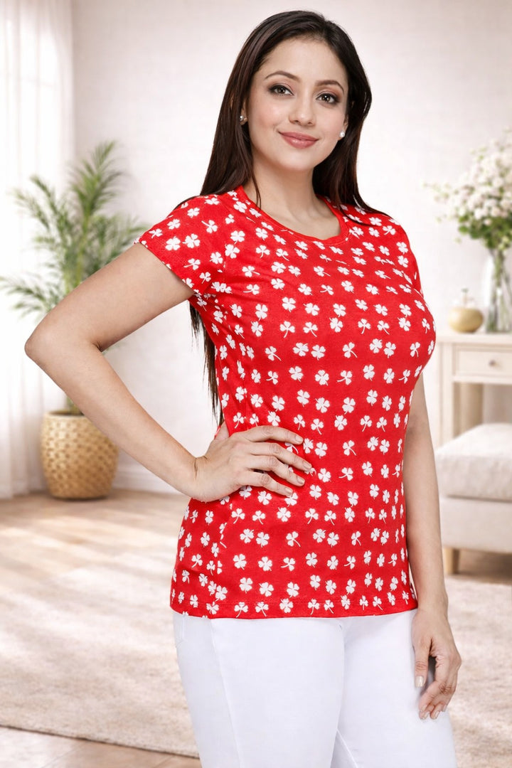 Comfort Lady All Over Printed Half Sleeve Cotton Round Neck T-Shirt