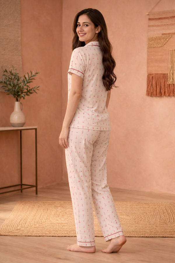 Nightsuit Collared Printed Shirt with Pyjama Pant Co-ord