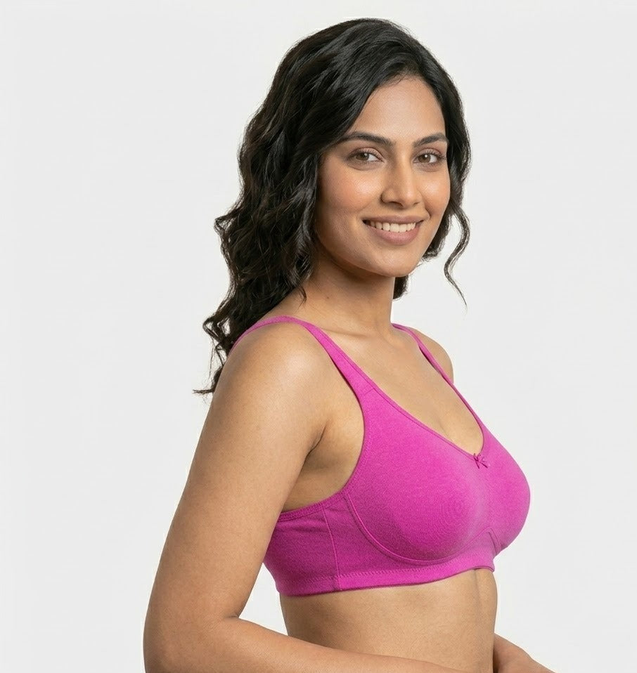 Comfort Lady Cotton Wire Free Women's Non-Padded Full Coverage Bra|Label Free All Day Comfort Bra  - FUSCHIA