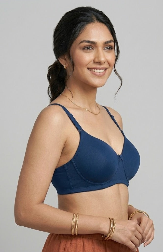 Comfort Lady Women’s Padded Wireless Cotton Bra| High Coverage All-Day Comfort - NAVY BLUE