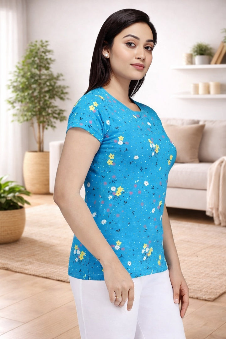 Comfort Lady All Over Printed Half Sleeve Cotton Round Neck T-Shirt
