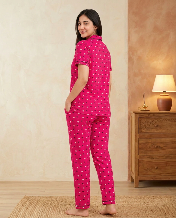 Nightsuit Collared Printed Shirt with Pyjama Pant Co-ord