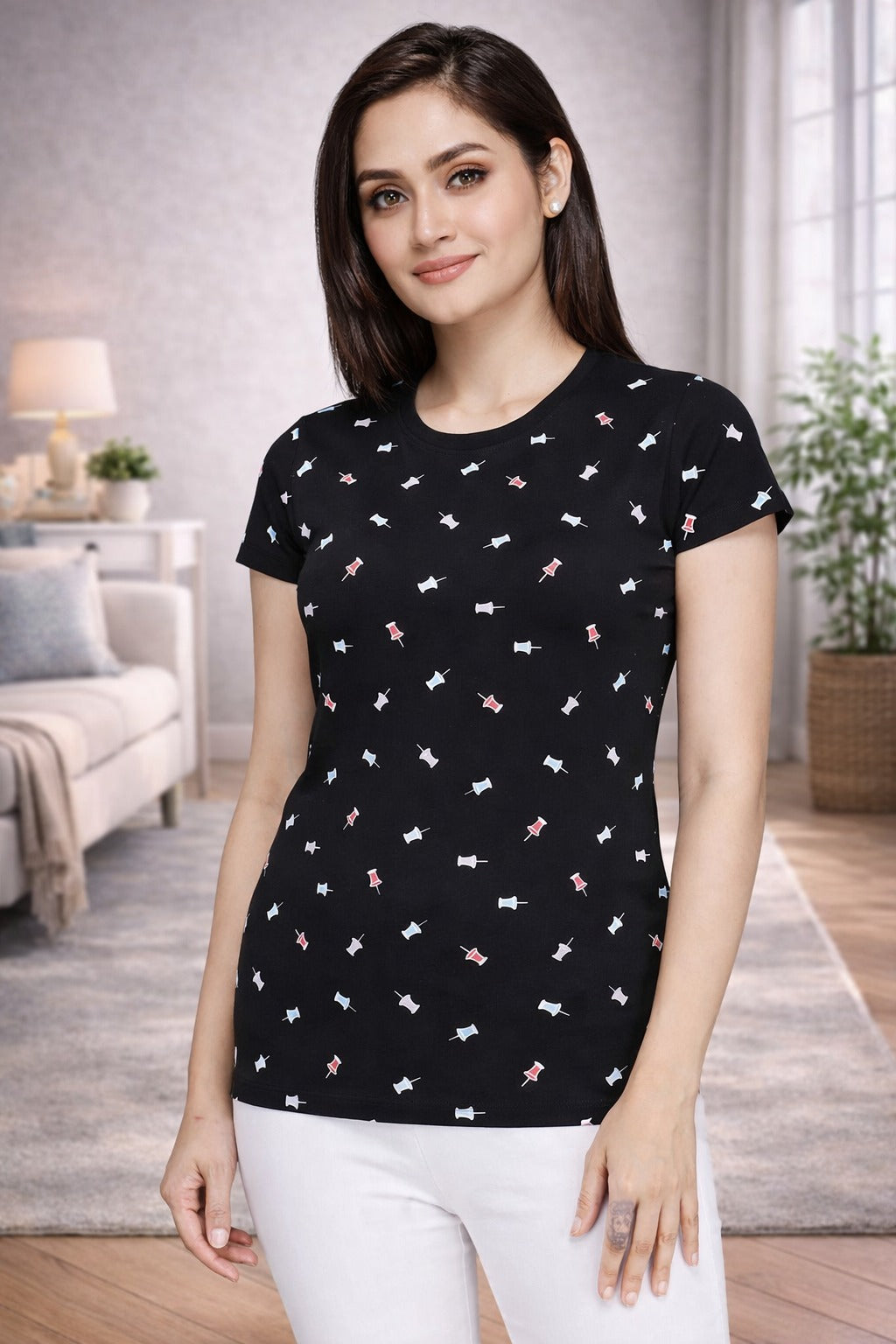 Comfort Lady All Over Printed Half Sleeve Cotton Round Neck T-Shirt
