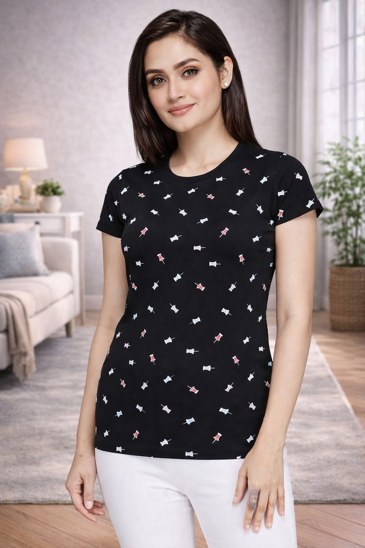 Comfort Lady All Over Printed Half Sleeve Cotton Round Neck T-Shirt