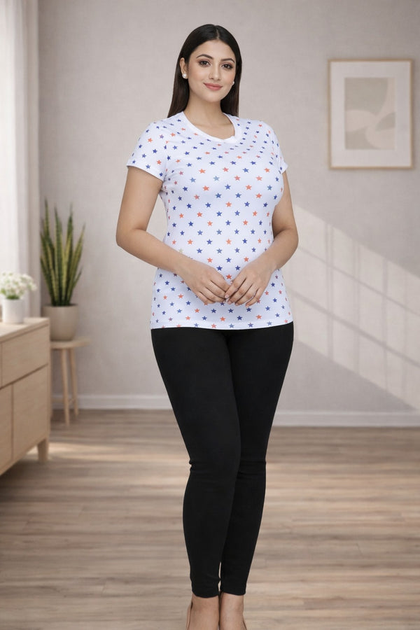 Comfort Lady All Over Printed Half Sleeve Cotton Round Neck T-Shirt