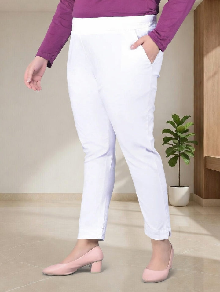 Comfort Lady Women Regular Fit White Cotton Blend Pencil Pant Plus size