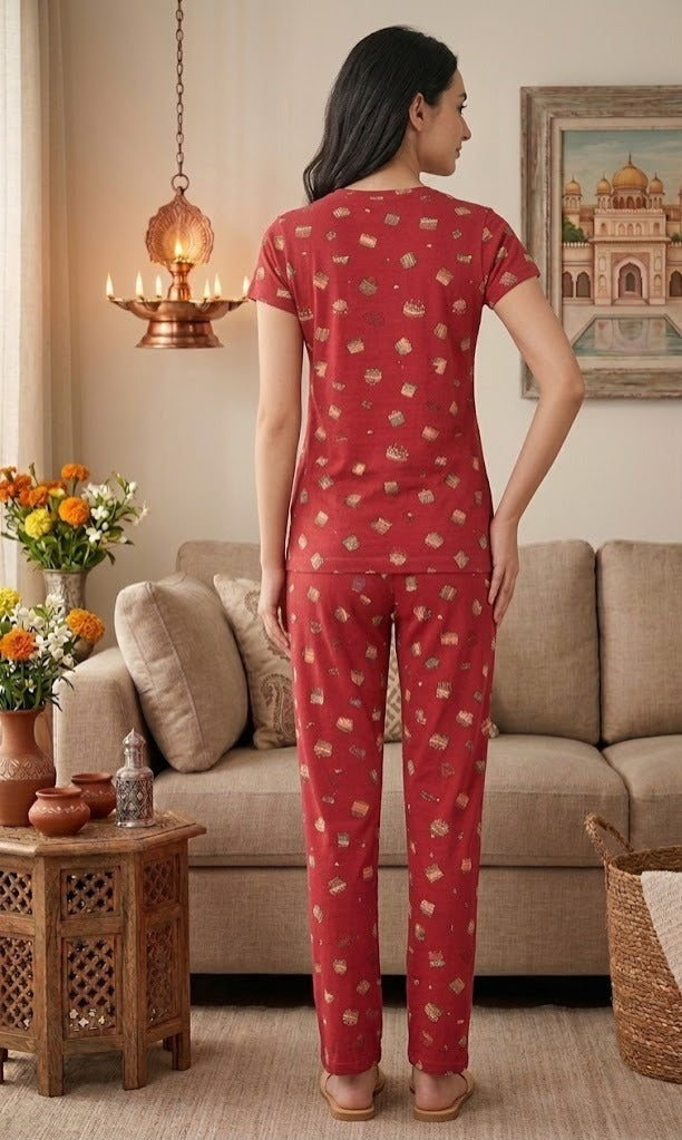 Loungewear Round Neck Printed T-Shirt with Pyjama
