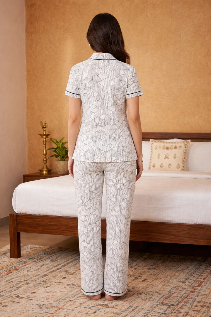 Nightsuit Collared Printed Shirt with Pyjama Pant Co-ord