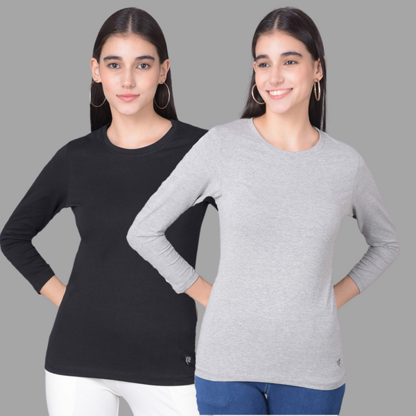 Comfort Lady Regular Fit Round Neck Plain Full Sleeve T-Shirt pack of 2