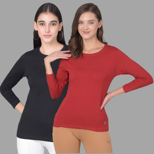 Comfort Lady Regular Fit Round Neck Plain Full Sleeve T-Shirt pack of 2