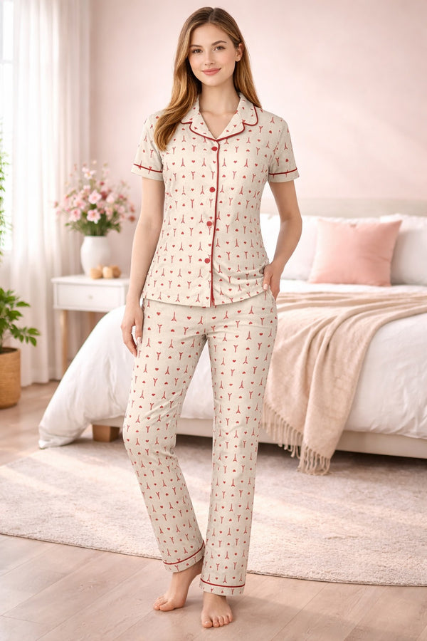 Nightwear Collared Printed Shirt with Pyjama Pant Co-ord