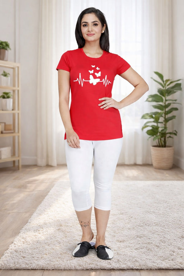 Comfort Lady Chest Print Half Sleeve Cotton Round Neck T-Shirt