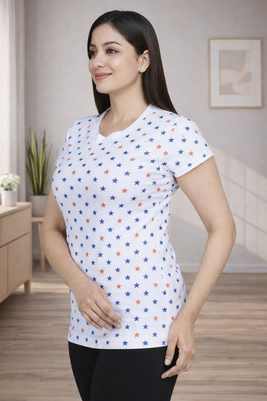 Comfort Lady All Over Printed Half Sleeve Cotton Round Neck T-Shirt