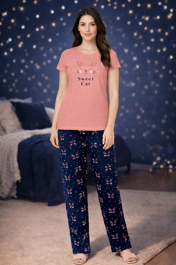 Loungewear Round Neck Printed T-Shirt with Pyjama