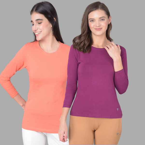 Comfort Lady Regular Fit Round Neck Plain Full Sleeve T-Shirt pack of 2